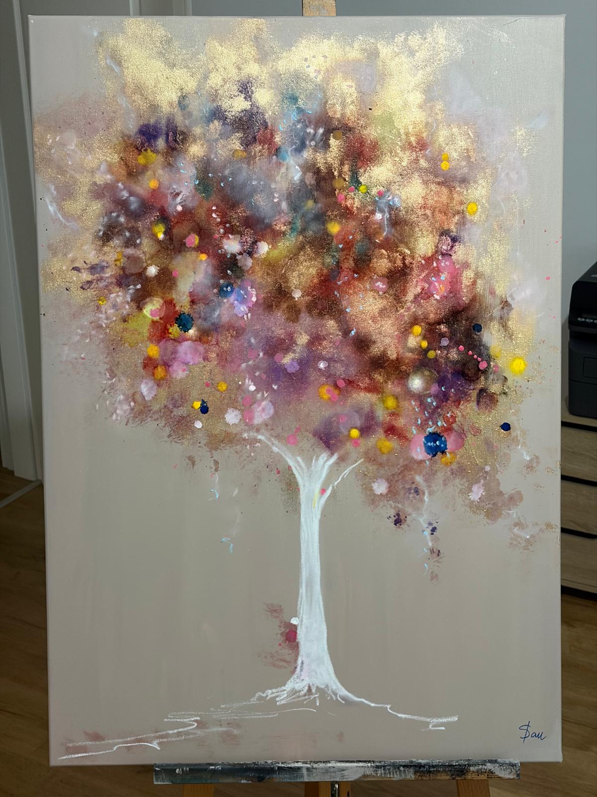 Tree of Life — Golden Bloom, colourful blossoming tree with gold leaf