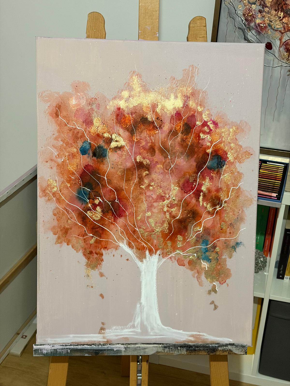 Tree of Life — Amber Whisper, coral and gold tree with white branches