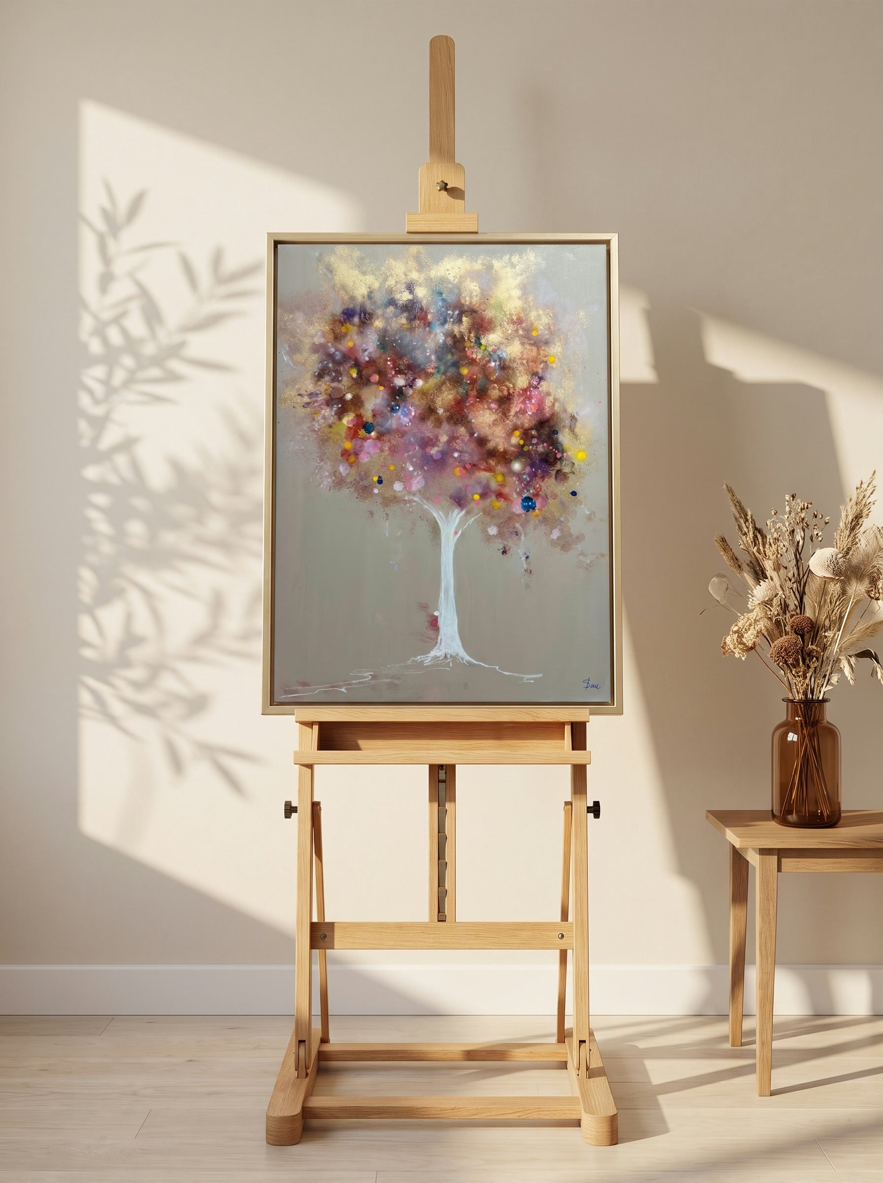Tree of Life — Golden Bloom, colourful blossoming tree on an easel in a sunlit room